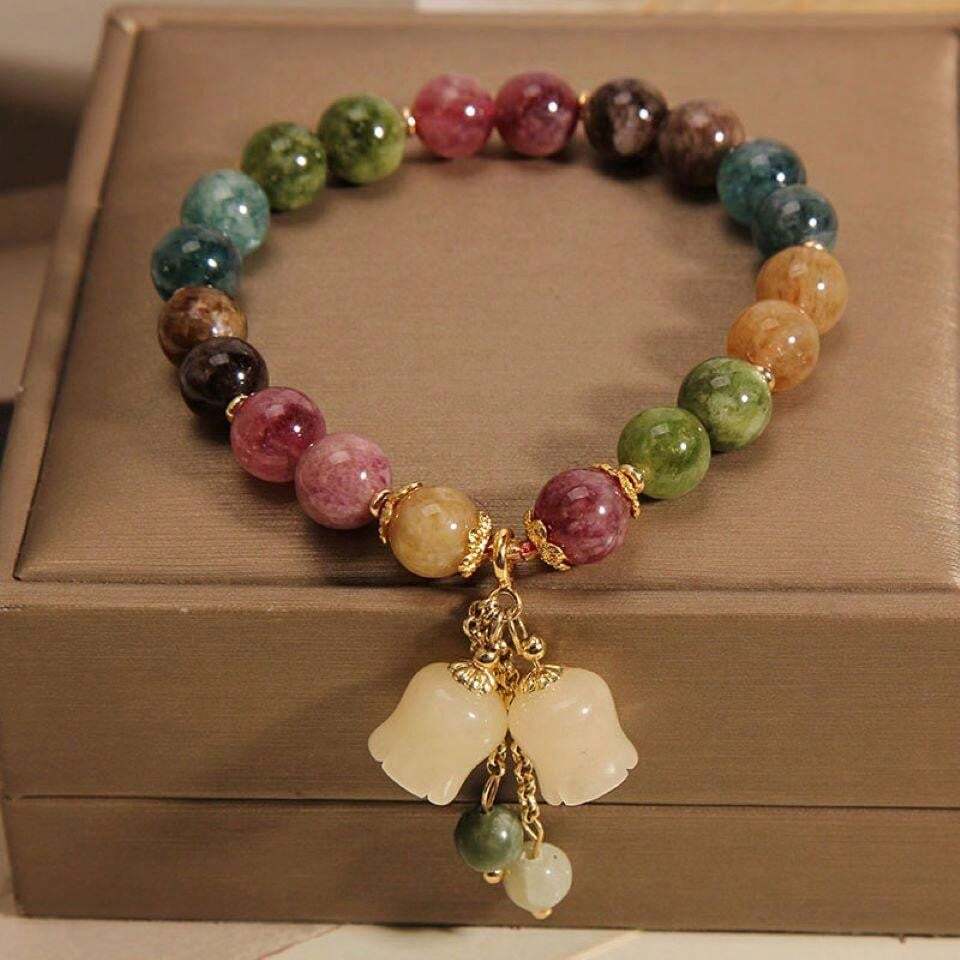 1pc Natural Stone Colorful Citrine Bracelet With Small Bellflower Pendant