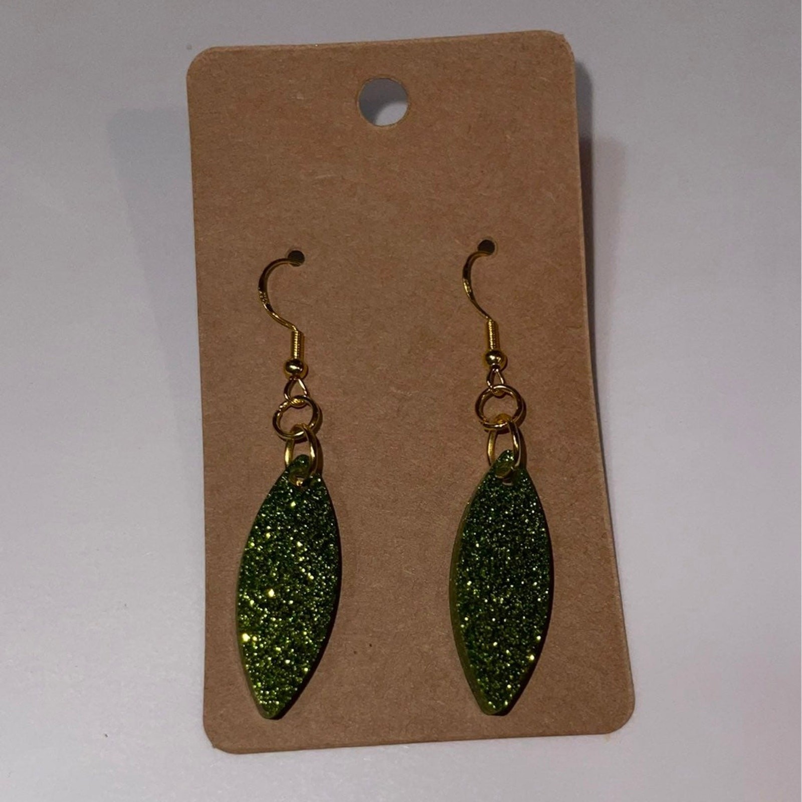 Handmade epoxy resin pointed oval shape earrings – lime green glitter