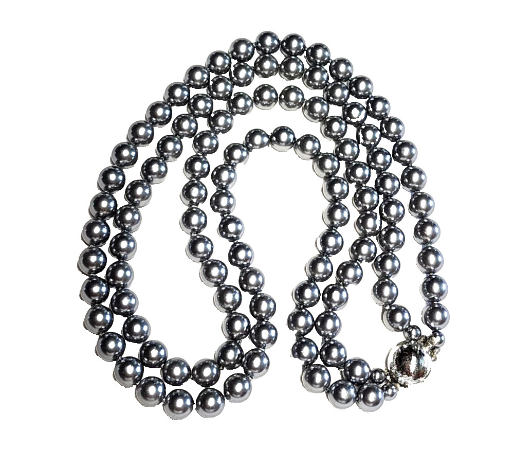 Vintage Silver Gray Long Faux Glass Pearl Necklace Pretty Push Lock Clasp 22”