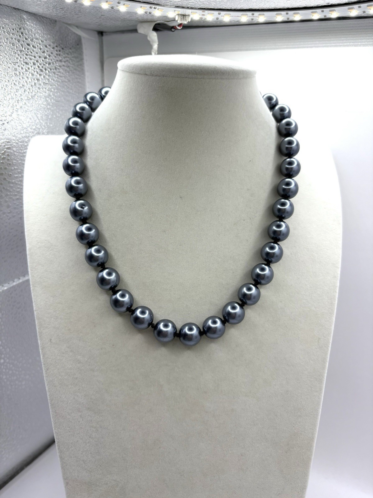 Slate Blue Gray Glass Pearl Beaded Necklace 17”