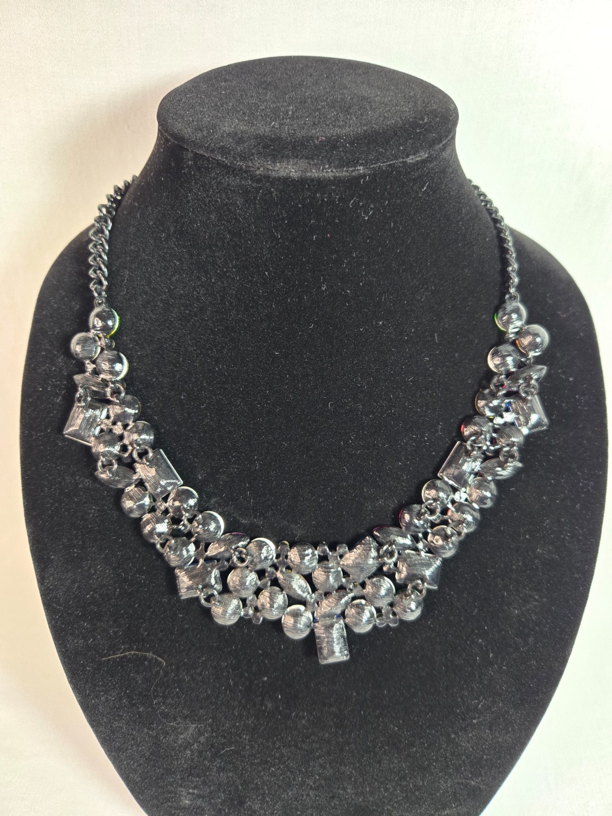 Multicolor Rhinestone Statement Bib Necklace Gunmetal Chain Bold Crystal Cluster