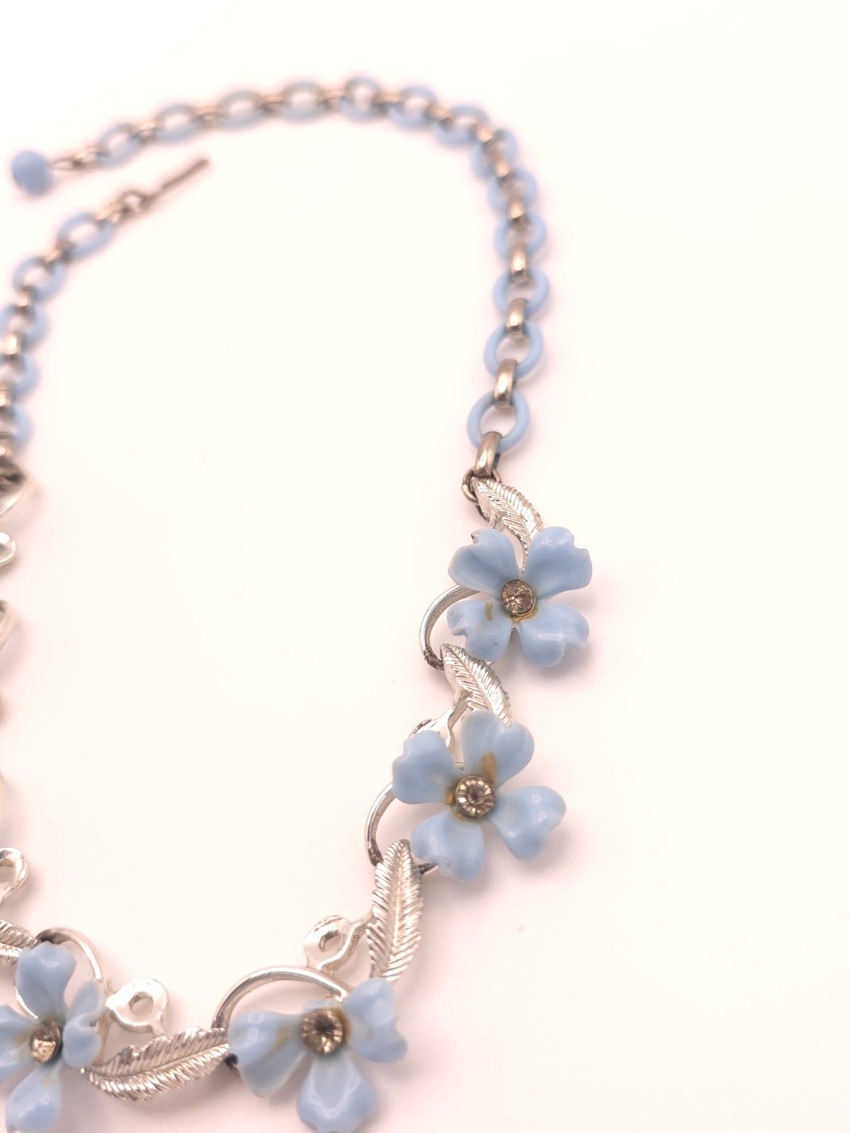 Silver Tone Blue Flower Pendant Necklace Rhinestone Crystal Cable Chain Hook