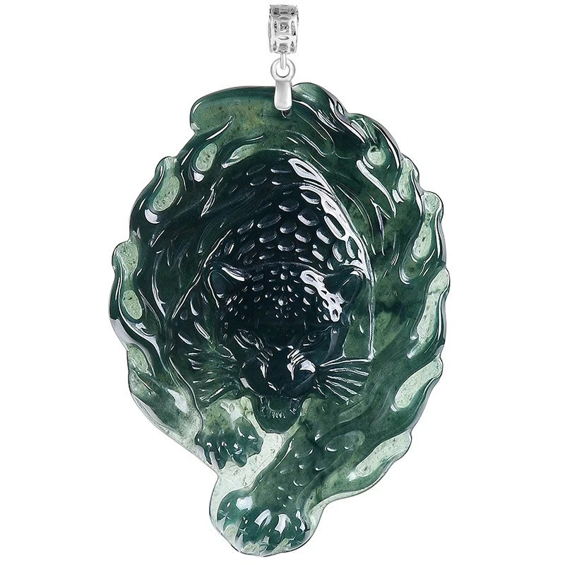 1PC Real Grade A Natural Blue Jade Jadeite Men Carved Leopard Pendant Necklace