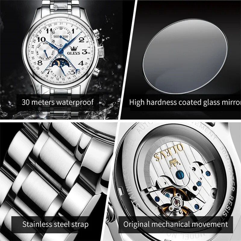 Automatic Mechanical Waterproof Watch Moon Phase OLEVS Luxury Men’s Men Strap