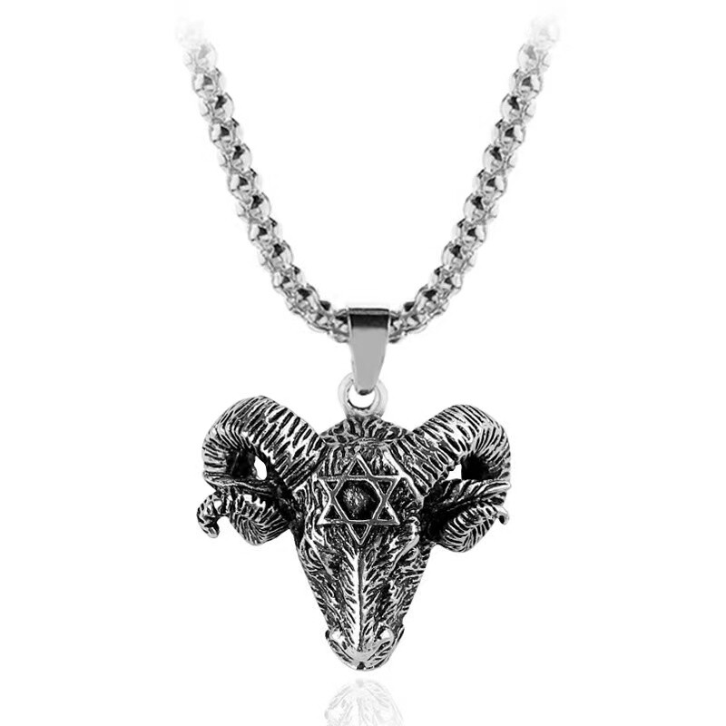 Men Satanic Hexagram Goat Pendant Baphomet Necklace Stainless Steel Chain 24″
