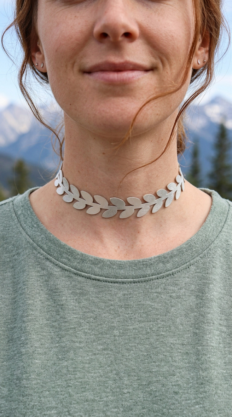 Women Fashion Jewelry Choker Necklace Metallic Silver Faux Leather Leaf Fabric