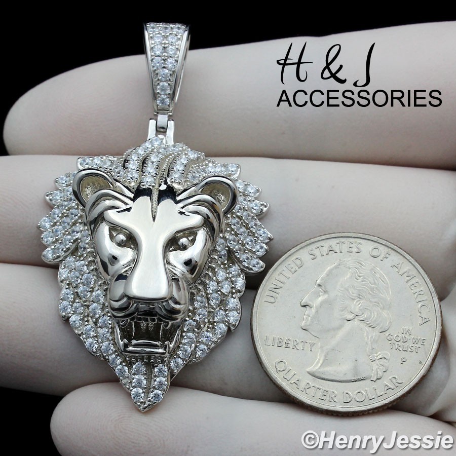 MEN SOLID 925 STERLING SILVER BLING MOISSANITE 3D LION FACE PENDANT*ASP533