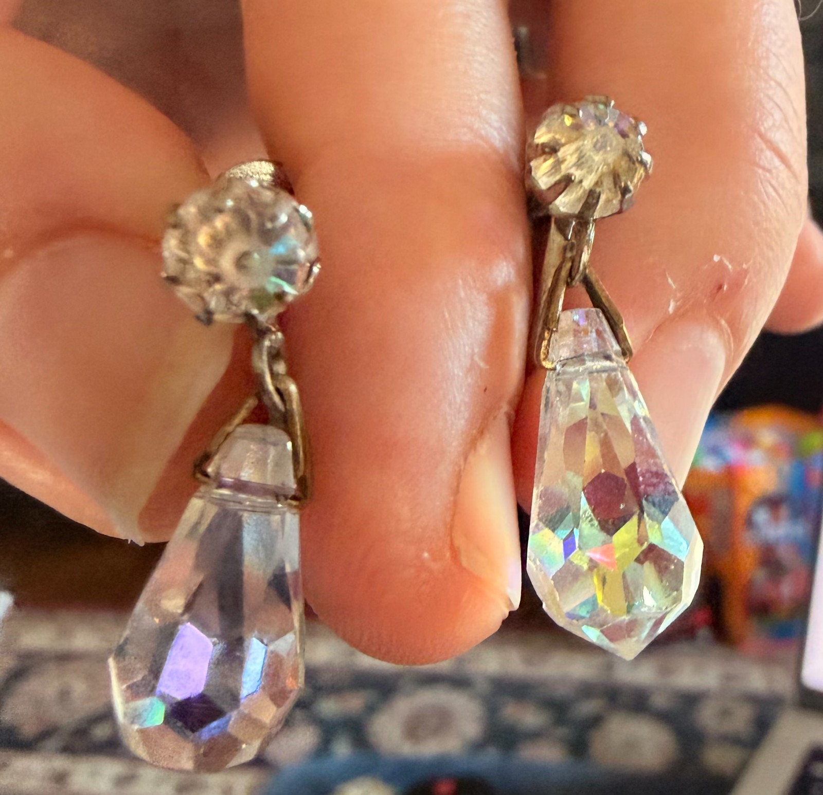 Vintage Aurora Borealis Crystal Drop Earrings Screw Back Faceted AB Glass