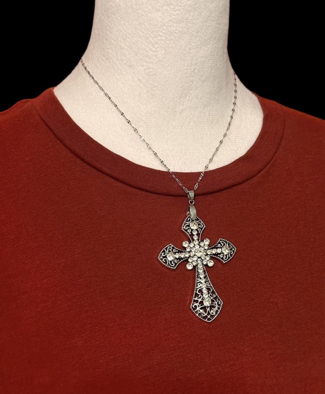 Large Victorian Cross Necklace Chain Silver Religious Gothic Grunch Whimsgoth