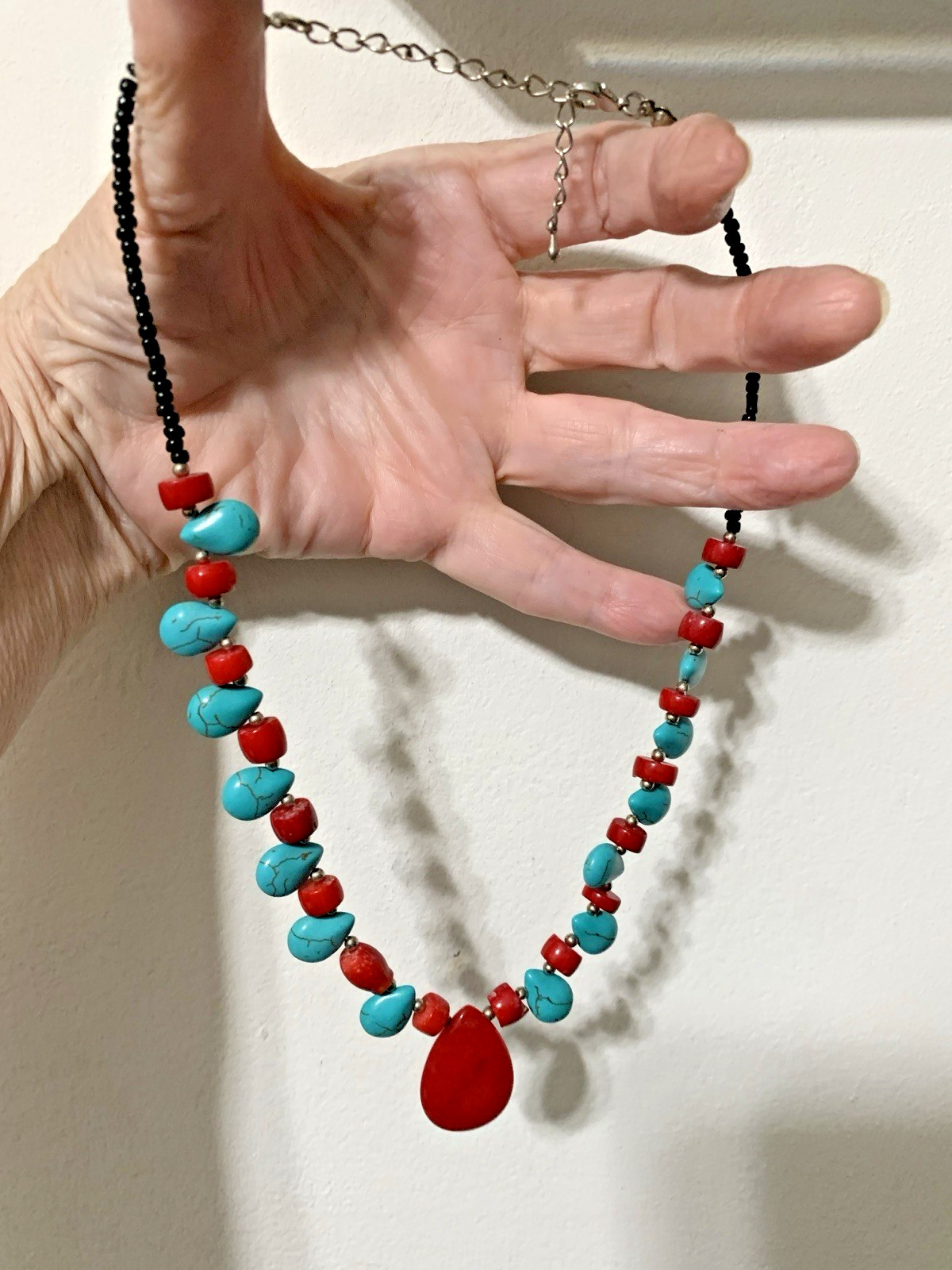 Turquoise And Red Bead Silver Tone Necklace With A Large Red Hanging Stone, 18”