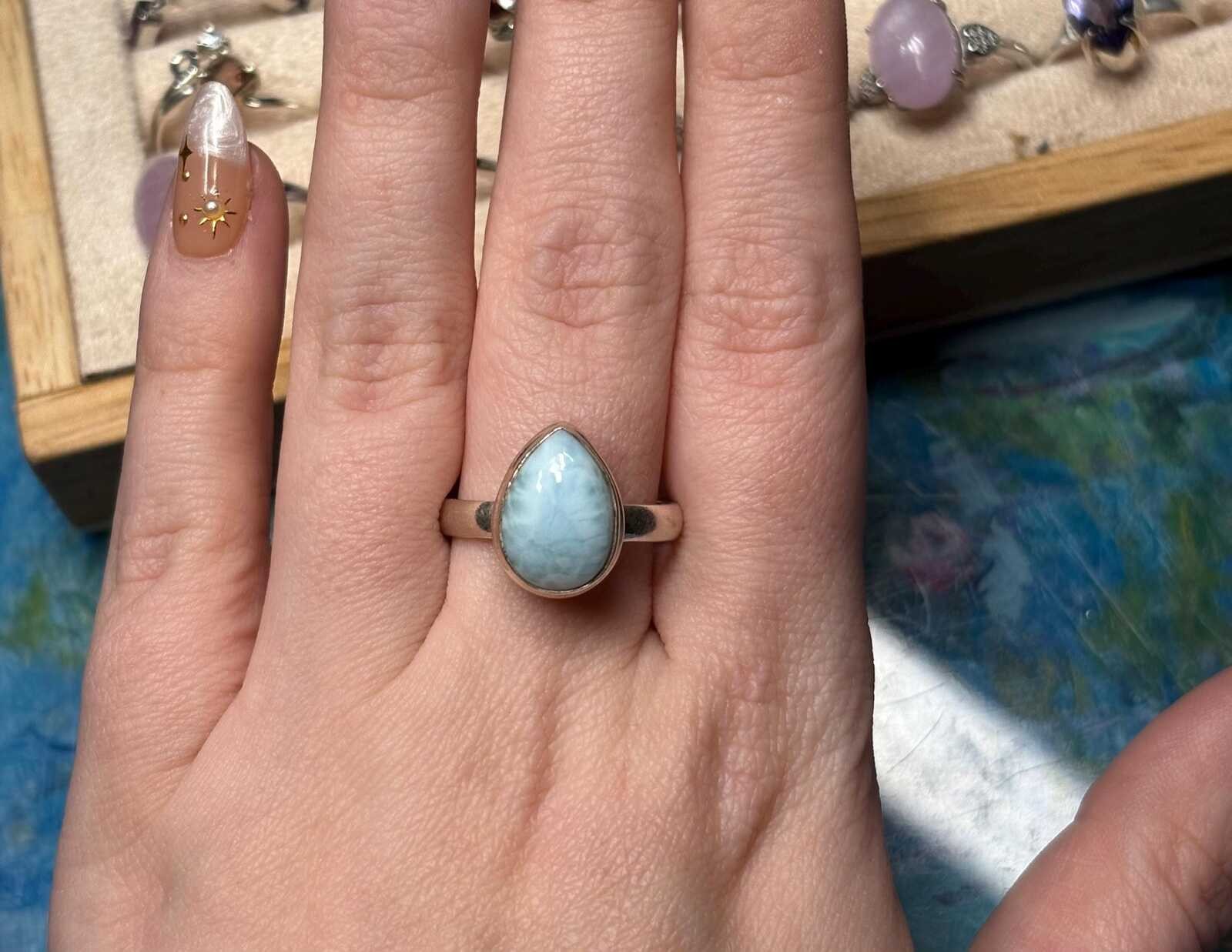 Size 9 silver 925 stamp Larimar ring