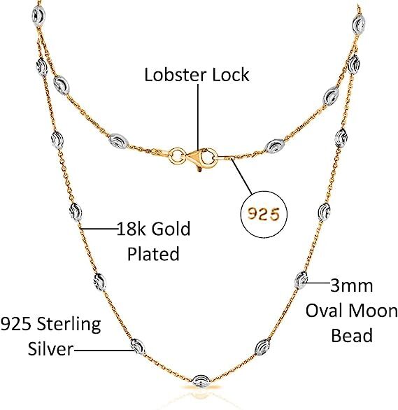18k Gold Plated 925 Sterling Silver 3MM Diamond Cut Station Oval Moon Necklace