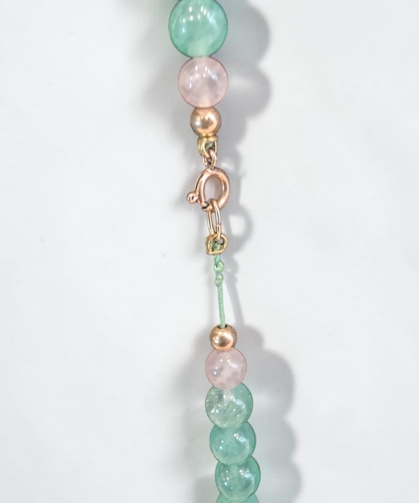 Vintage Rose Quartz & Green Chalcedony Necklace | Cloisonné Enamel Beads