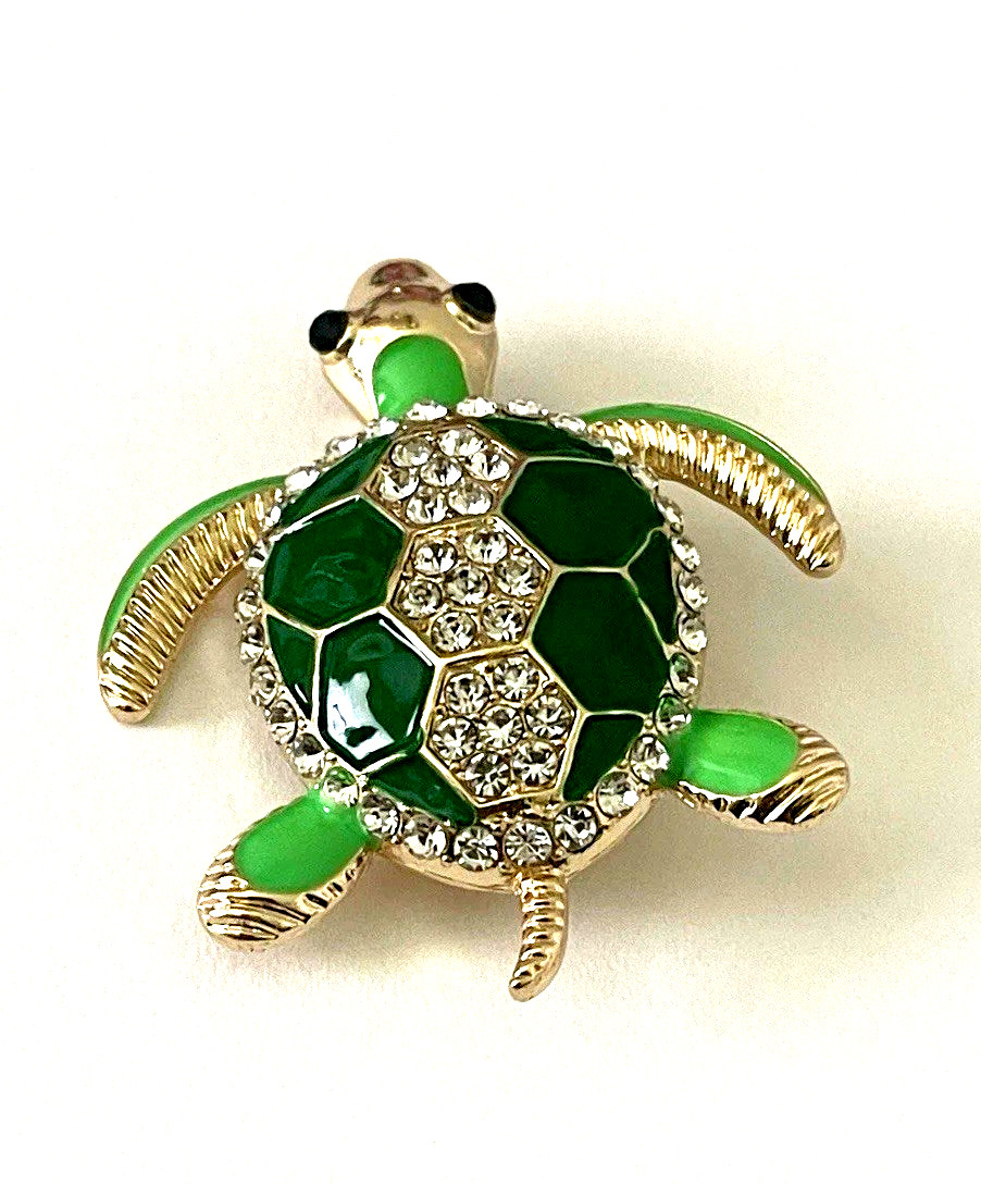 Green Turtle Enamel & Rhinestone Brooch Pin Gold Tone Finish Crystal Shell NEW