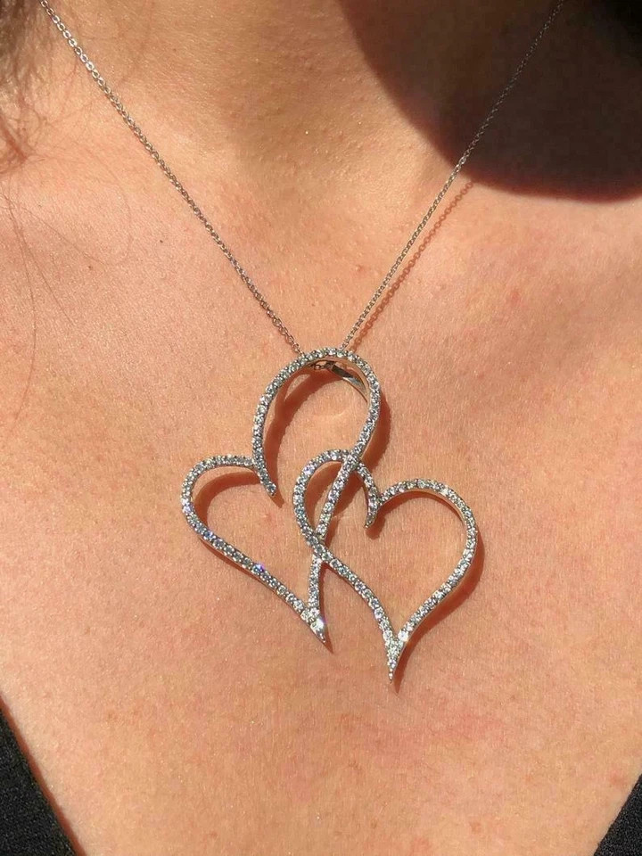1.20Ct Round Lab Created Moissanite Double Open Heart Pendant 14k White Plated