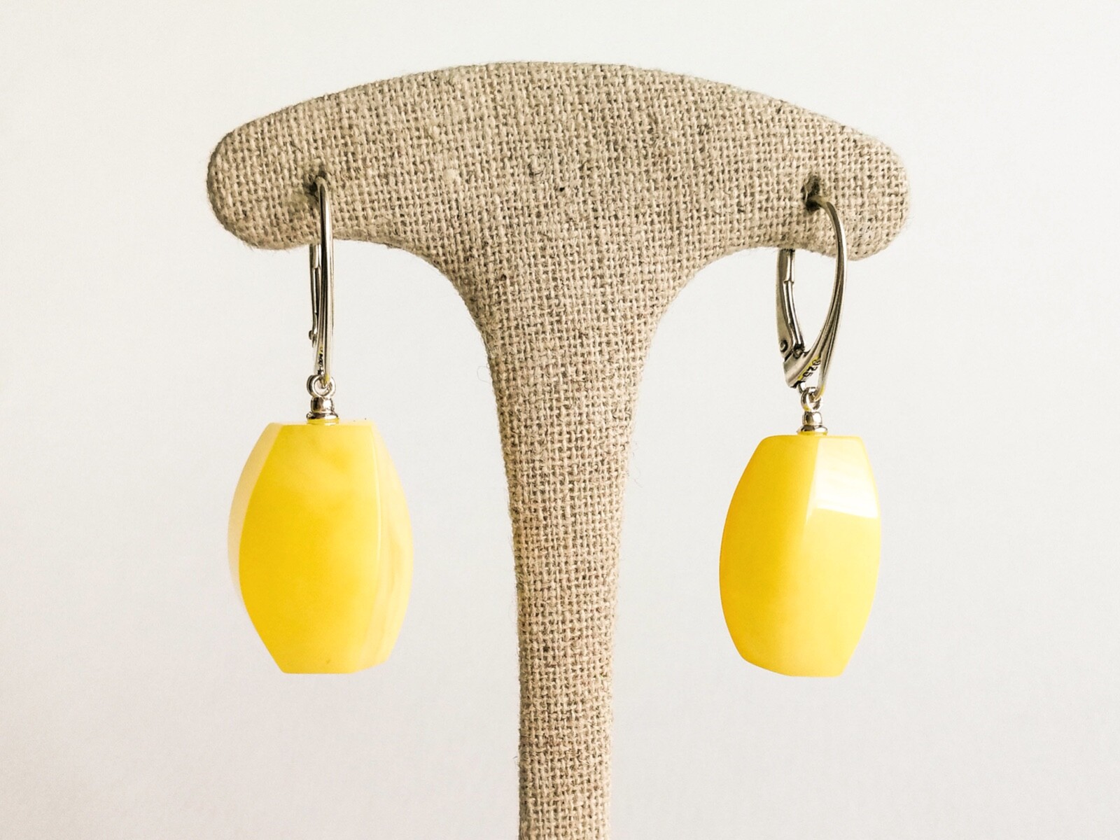 Natural Baltic Amber TORVELA Earrings thick cut shape matt yellow silver 1,57in
