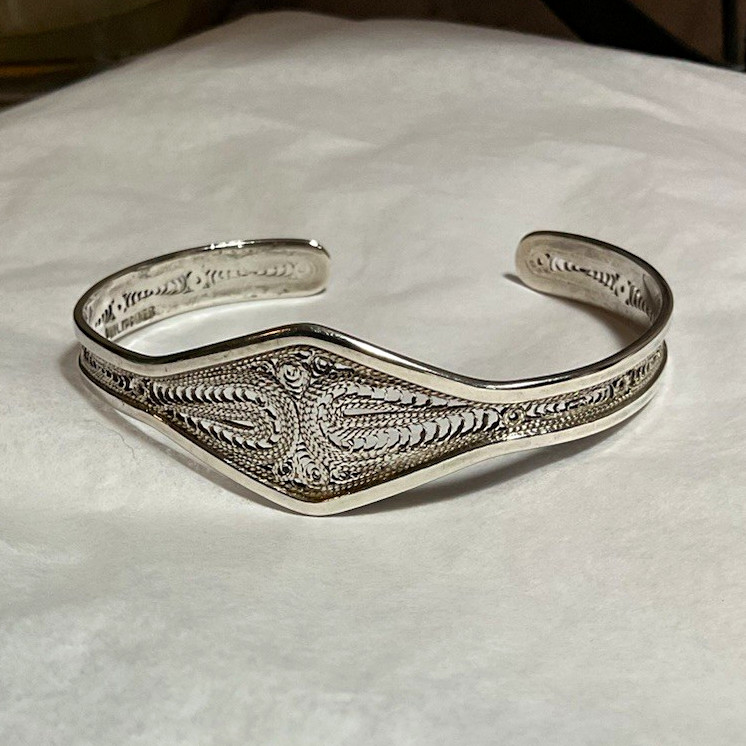 Engraved Silver-Tone Metal Cuff Bracelet Signed Handmade Philippines