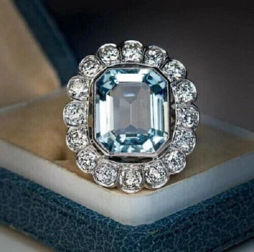 3Ct Emerald Cut Aquamarine Diamond Engagement Ring 14K White Gold Finis