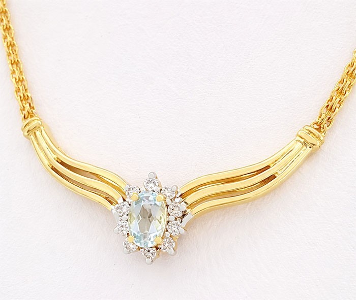 GENUINE 0.45 Cts AQUAMARINE & DIAMOND PENDANT NECKLACE SOLID 14K YELLOW GOLD