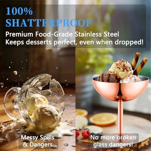 Ice Cream Cups Set of with Spoons, 5 oz Reusable Stainless Steel 2 Rose glod