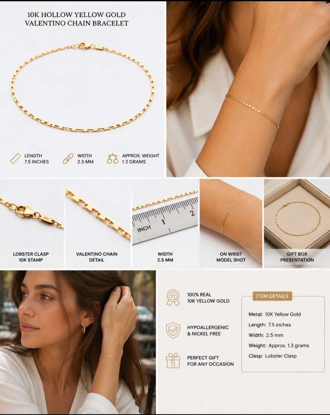 10K Solid Yellow Gold Valentino Chain Bracelet – 2.2mm x 6.5″ Lobster