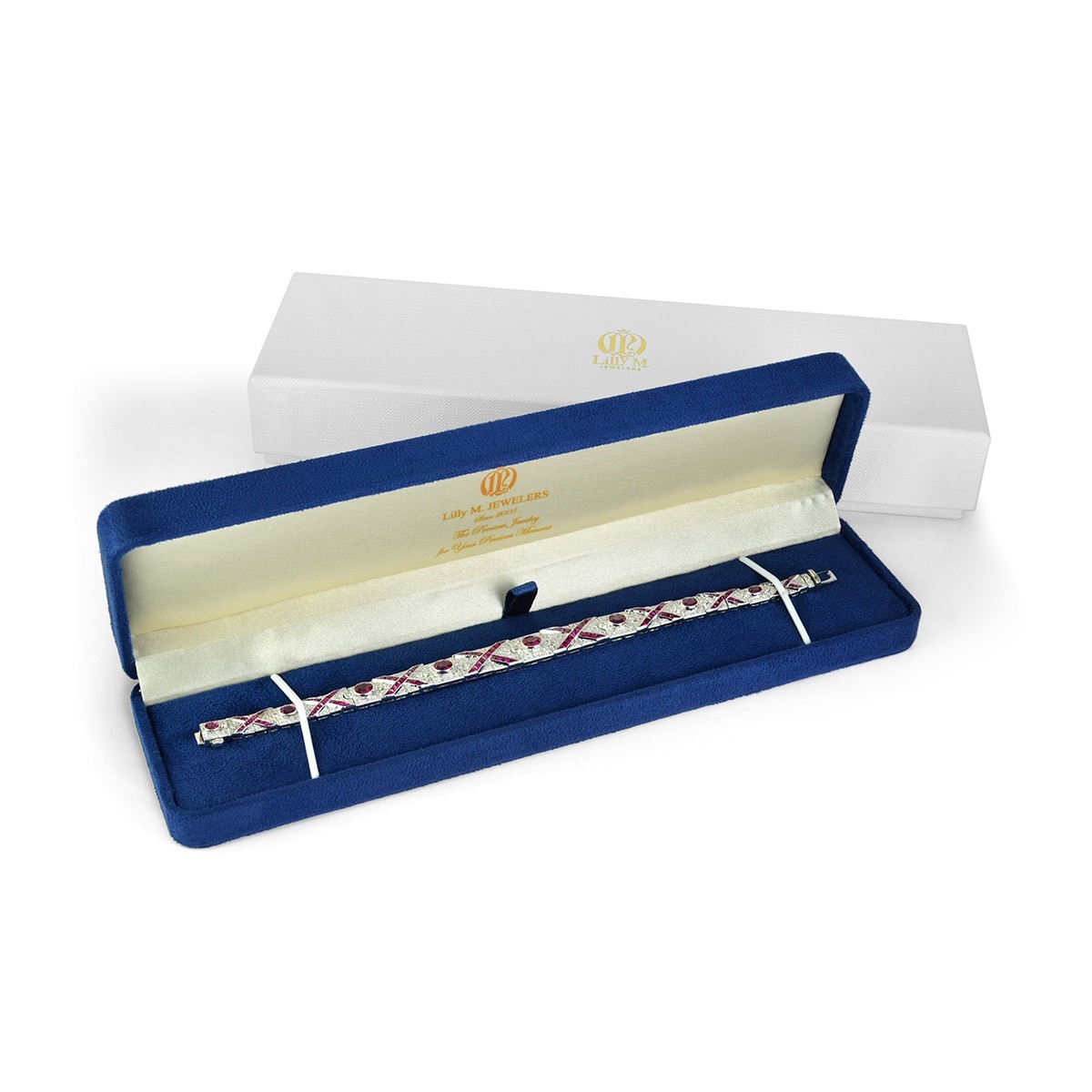 18K White Gold Diamond Ruby Onyx Art Deco Geometric Link Bracelet