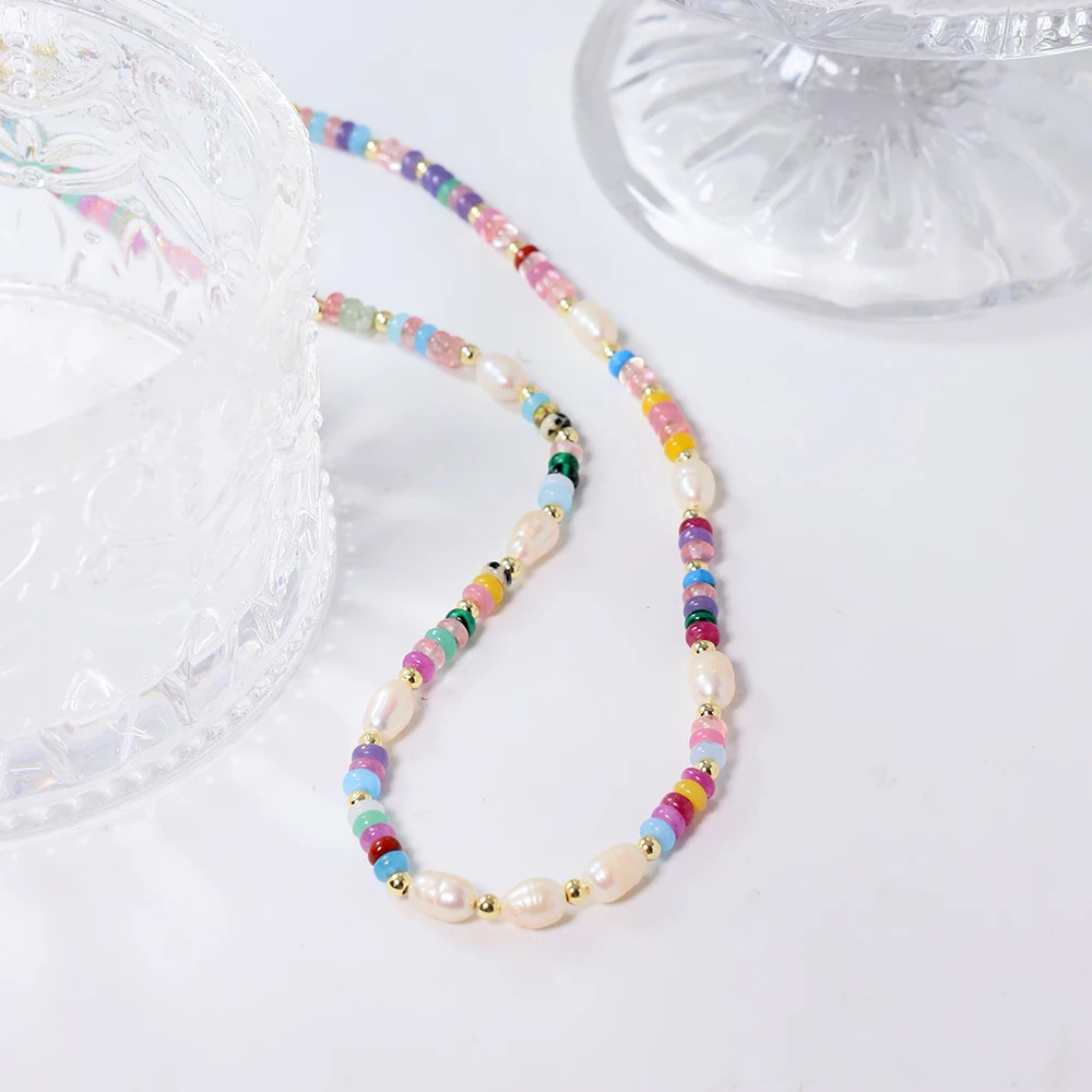 Colored Natural Stone Pearls Necklace Jewelry Women 18K Gold Plated Korean Desig