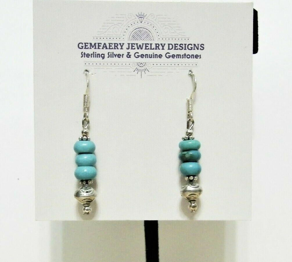 Sterling Silver Natural TURQUOISE Gemstone Dangle Earrings #5527…Handmade USA