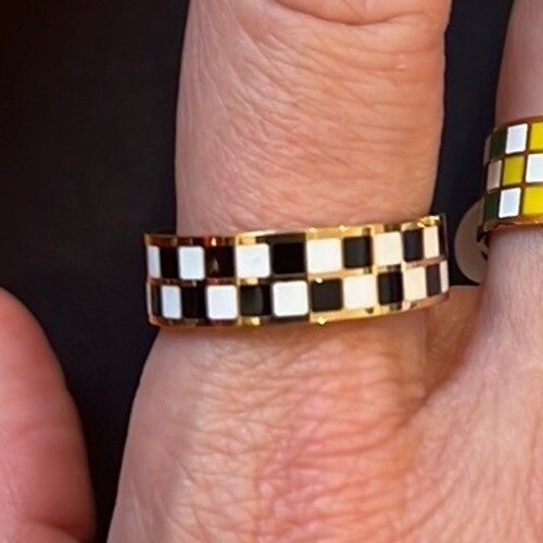Black and White Checkered 18K Gold Plated Titanium Ring Band Size 6