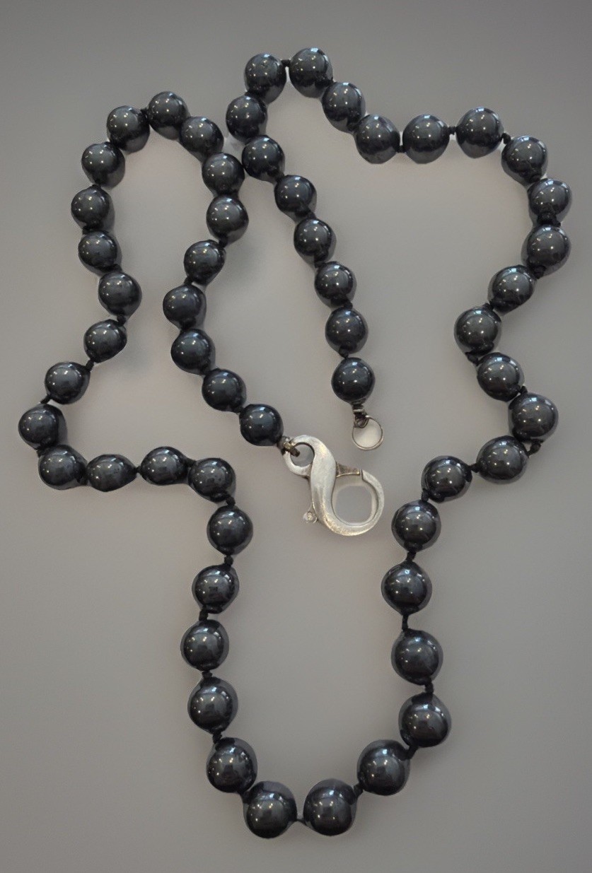 Vintage Hematite Beaded Necklace With A Large 925 Lobster Clasp Hand Knotted H12