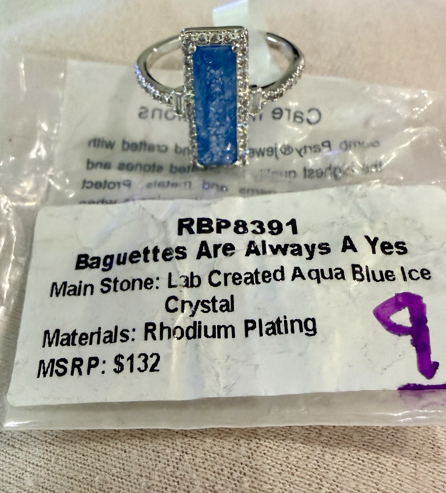 Ring Bomb Party OG Ring RBP8391 “Baguettes Are Always A Yes” Rhodium/”Aqua Blue