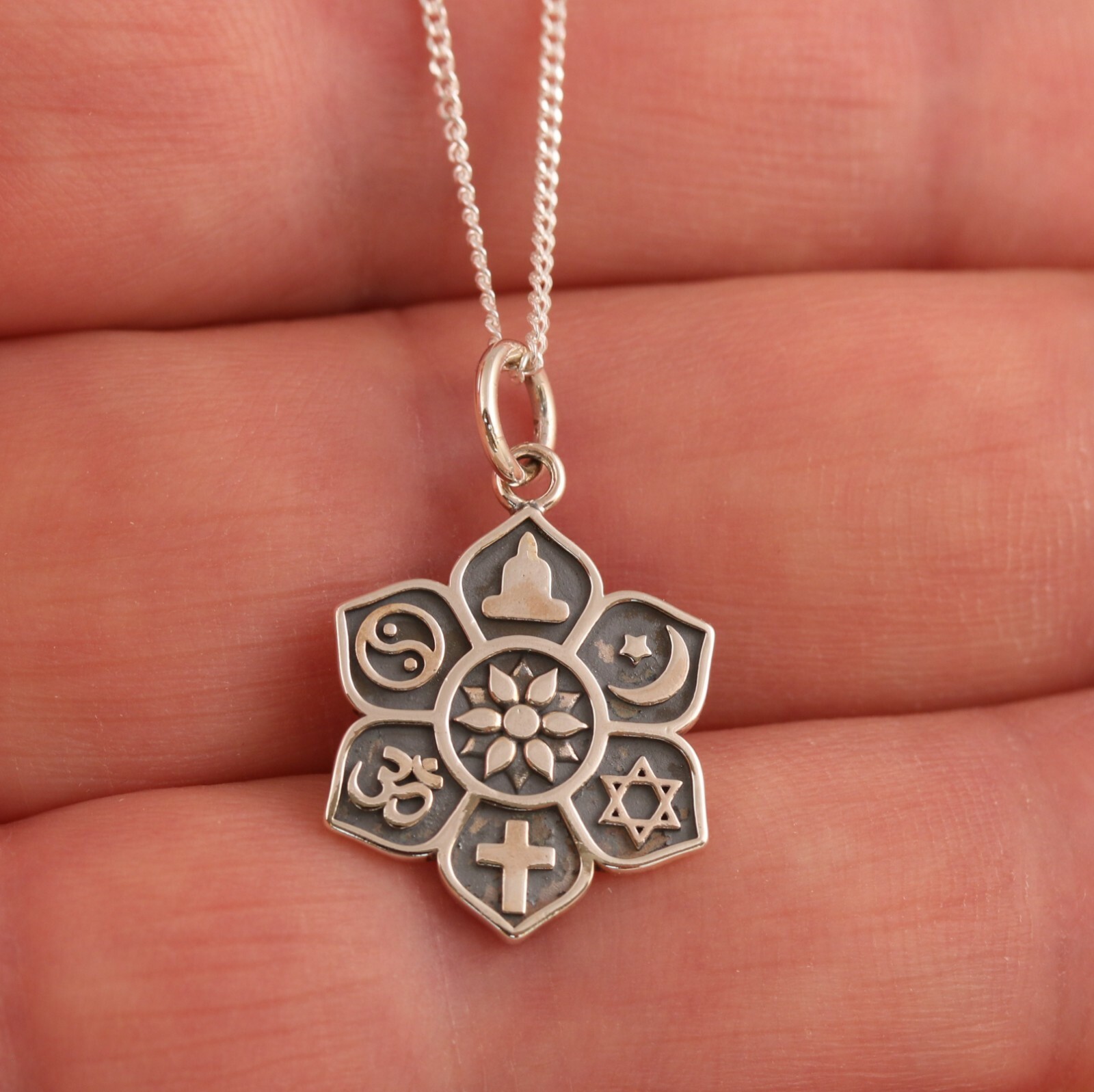 Solid 925 Sterling Silver Coexist Symbol Lotus Pendant Necklace Chain Gift Boxed