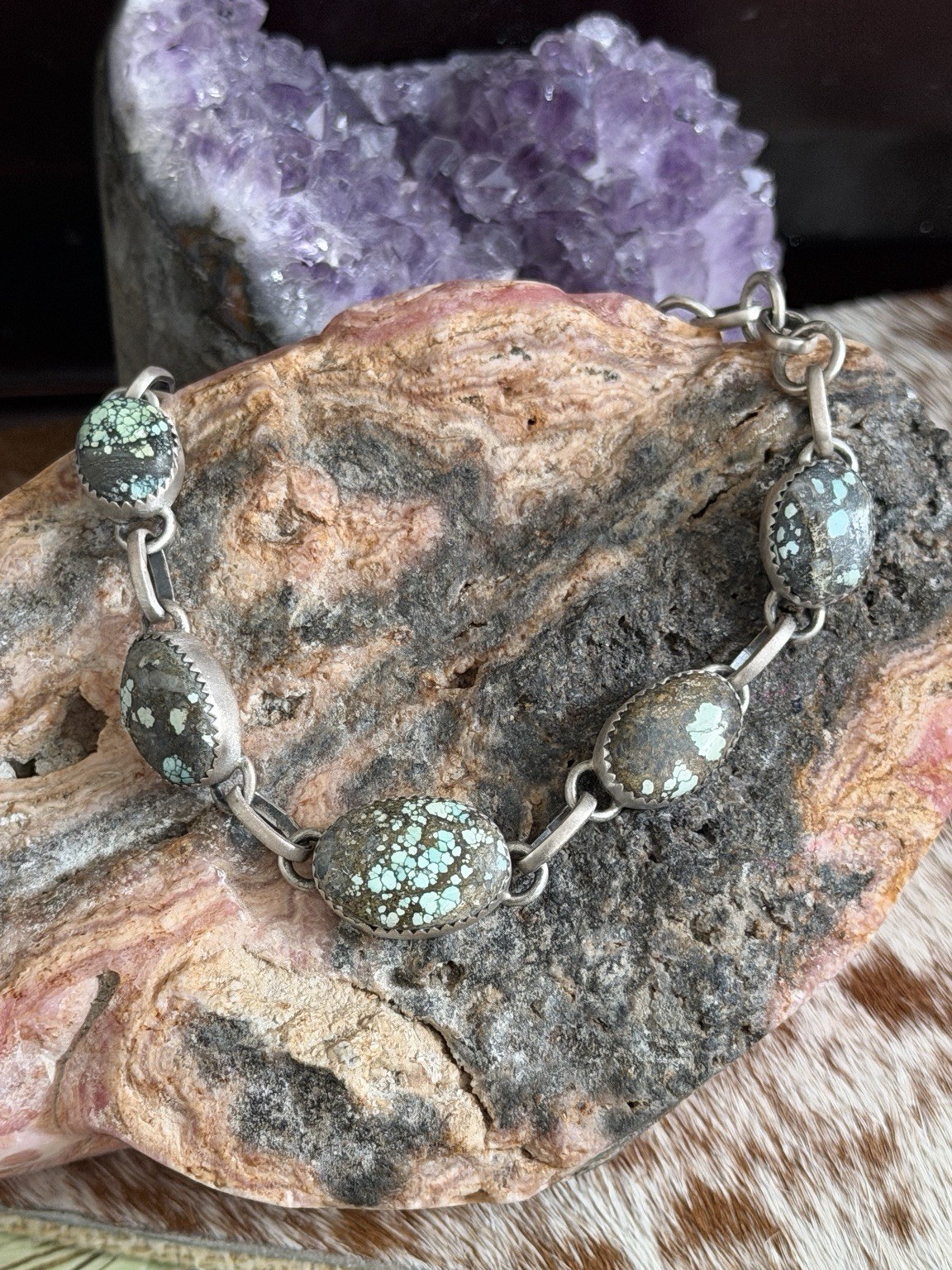 Dry Creek Turquoise Sterling Silver 5 Stone Link Bracelet 7–9” Adjustable