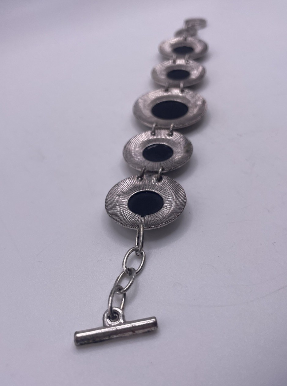Vintage Silver Tone Abalone Shell Greek Key Link Bracelet Boho Hippie Jewelry 8”