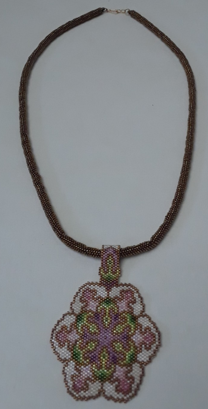 Hand Beaded Artist Design Multi Colored 3″ Pendant 24 inch Gold Beaded Chain