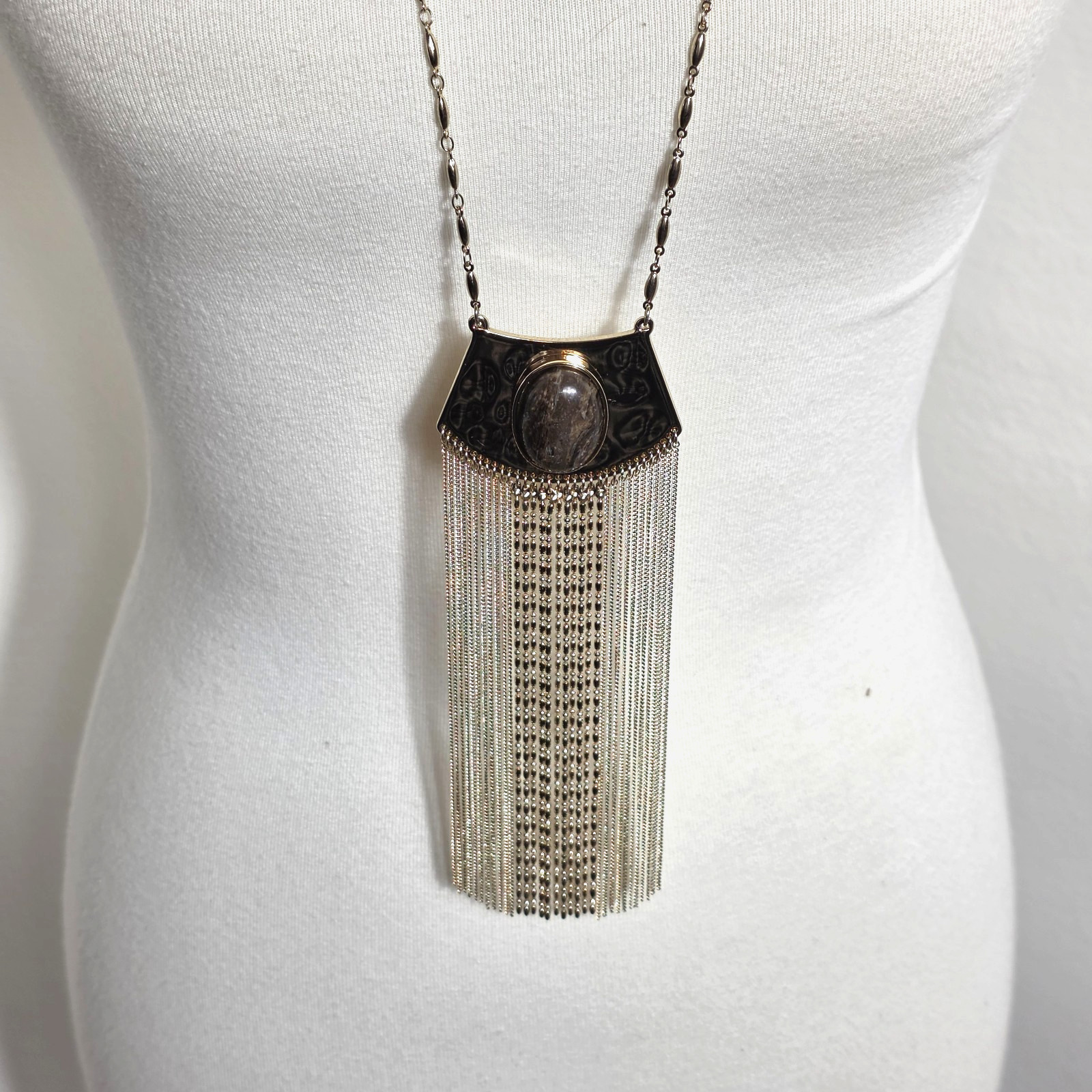 White House Black Market Necklace Shield Shaped Pendant Metal Fringe Tassel
