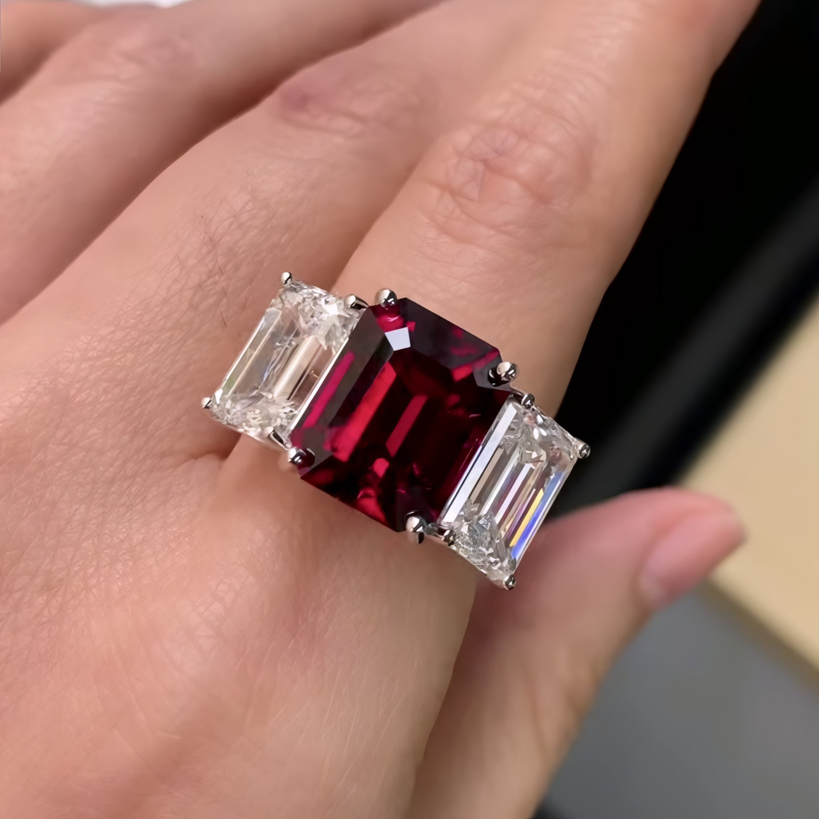 Natural Purple Amethyst Emerald Cut Ring 925 Sterling Silver Three Stone Jewelry