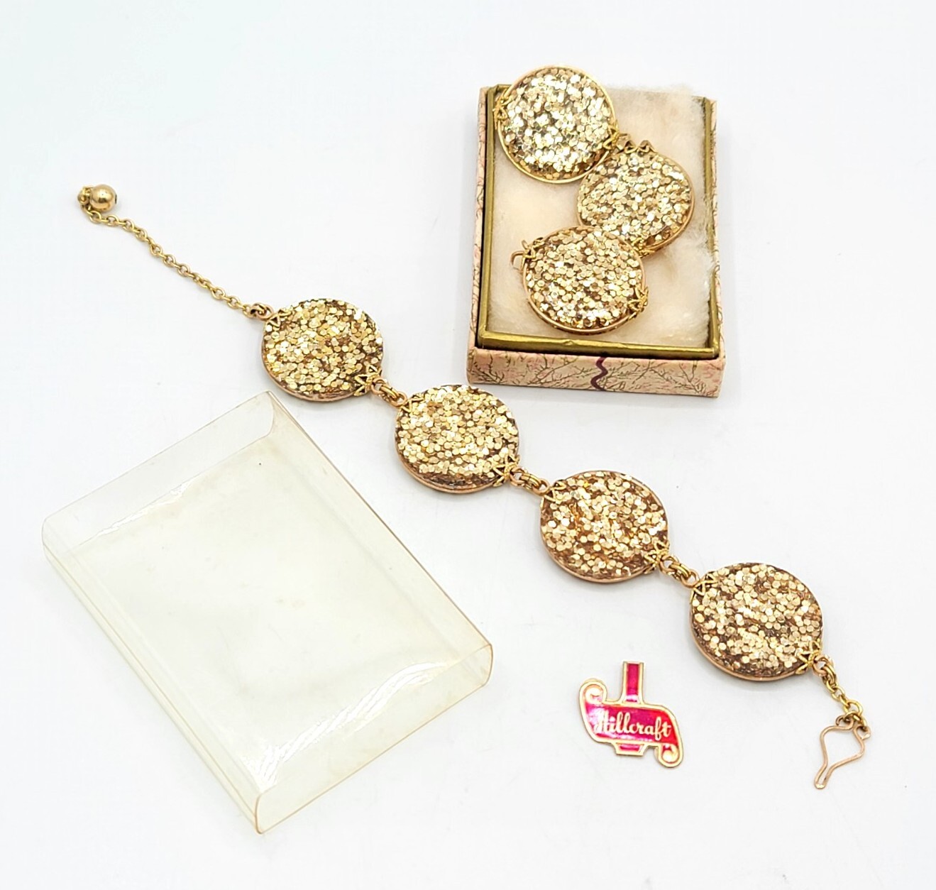 Vtg Rare Set HILLCRAFT Bracelet & Earrings Glitter Lucite Gold Filled Jewelry