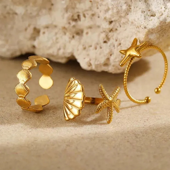 3Pcs Adjustable Stainless Steel Starfish Rings Set for Women Vintage Gold