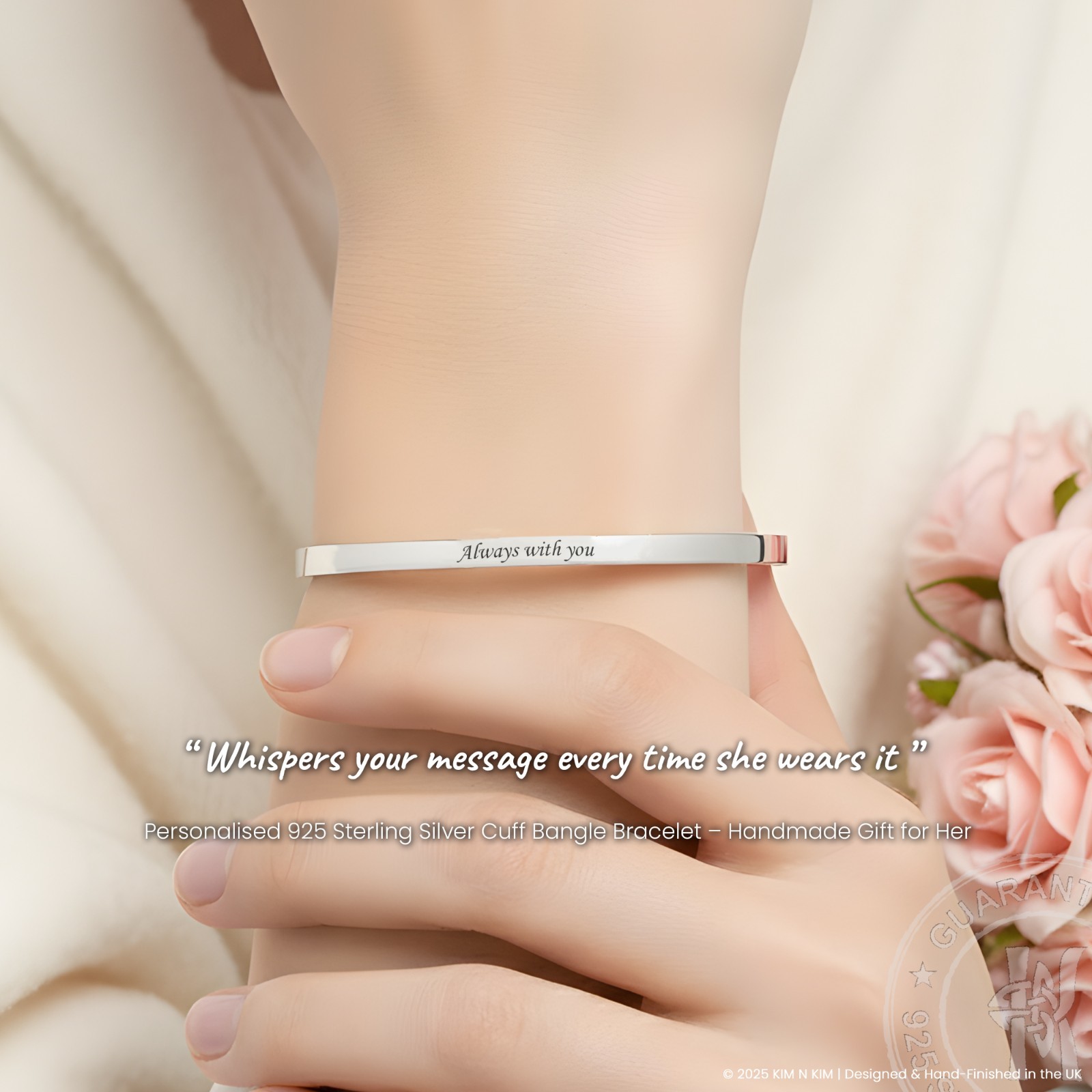 Sterling Silver Personalised Cuff Bracelet✔️Handmade✔️Adjustable✔Engraved Gift