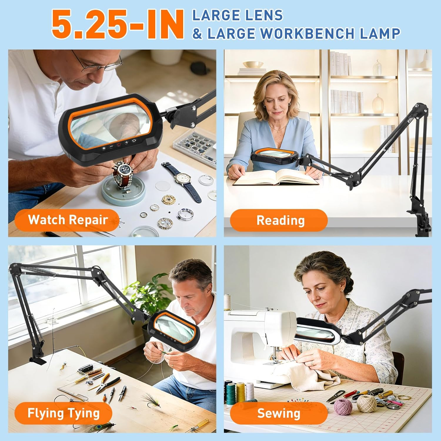 12X Square Magnifying Glass with Light and Clamp, Hands-Free Lighted Stand with