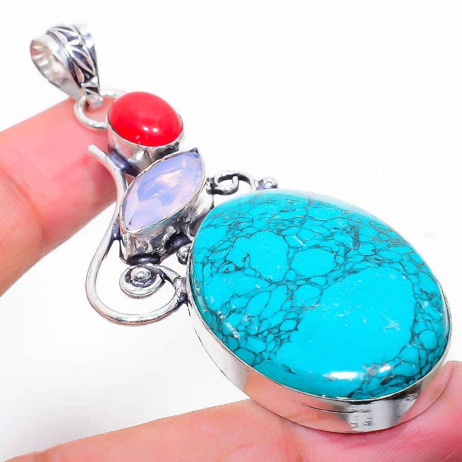 Santa Rosa Turquoise, Opal 925 Sterling Silver Gemstone Pendant 2.76″ NS 15219