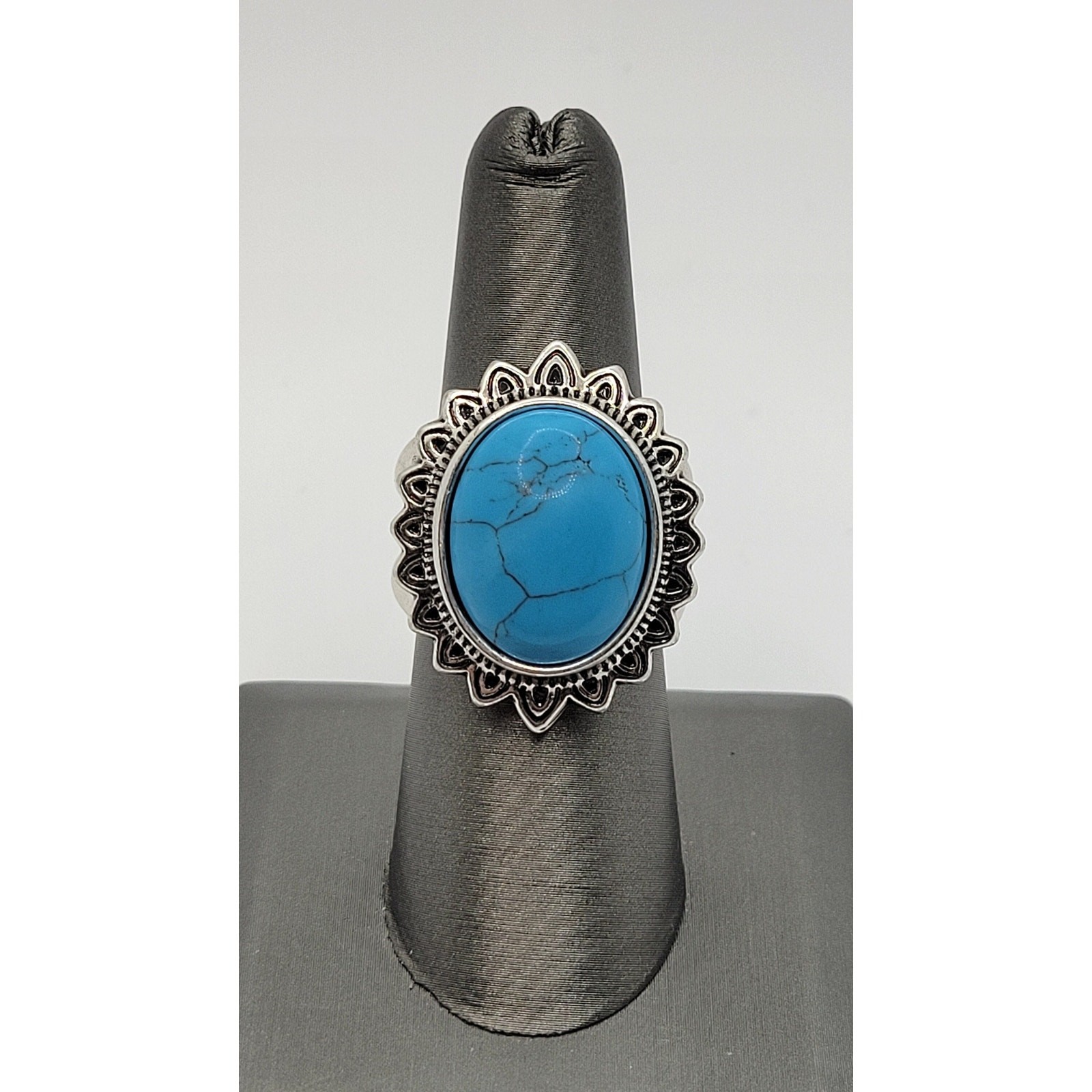 Blue Stone Faux Turquoise Cabochon Statement Ring Dyed Howlite Silver Plated