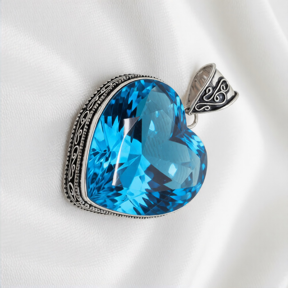 Swiss Blue Topaz Heart Gemstone Handmade 925 Sterling Silver Jewelry Pendant 2″