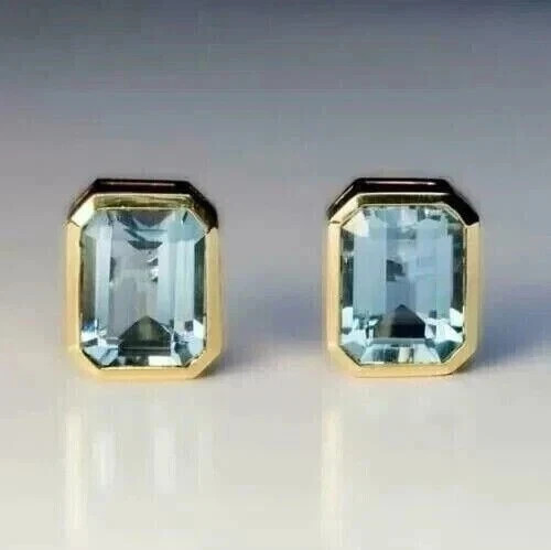 3Ct Emerald Cut Simulated Aquamarine Stud Earrings 14K Yellow Gold Plated