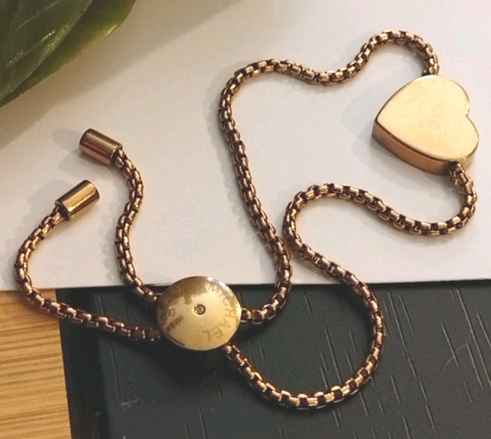 MICHAEL KORS Warm Golden Tone Pave HEART Signed Adjustable Slider Bracelet!