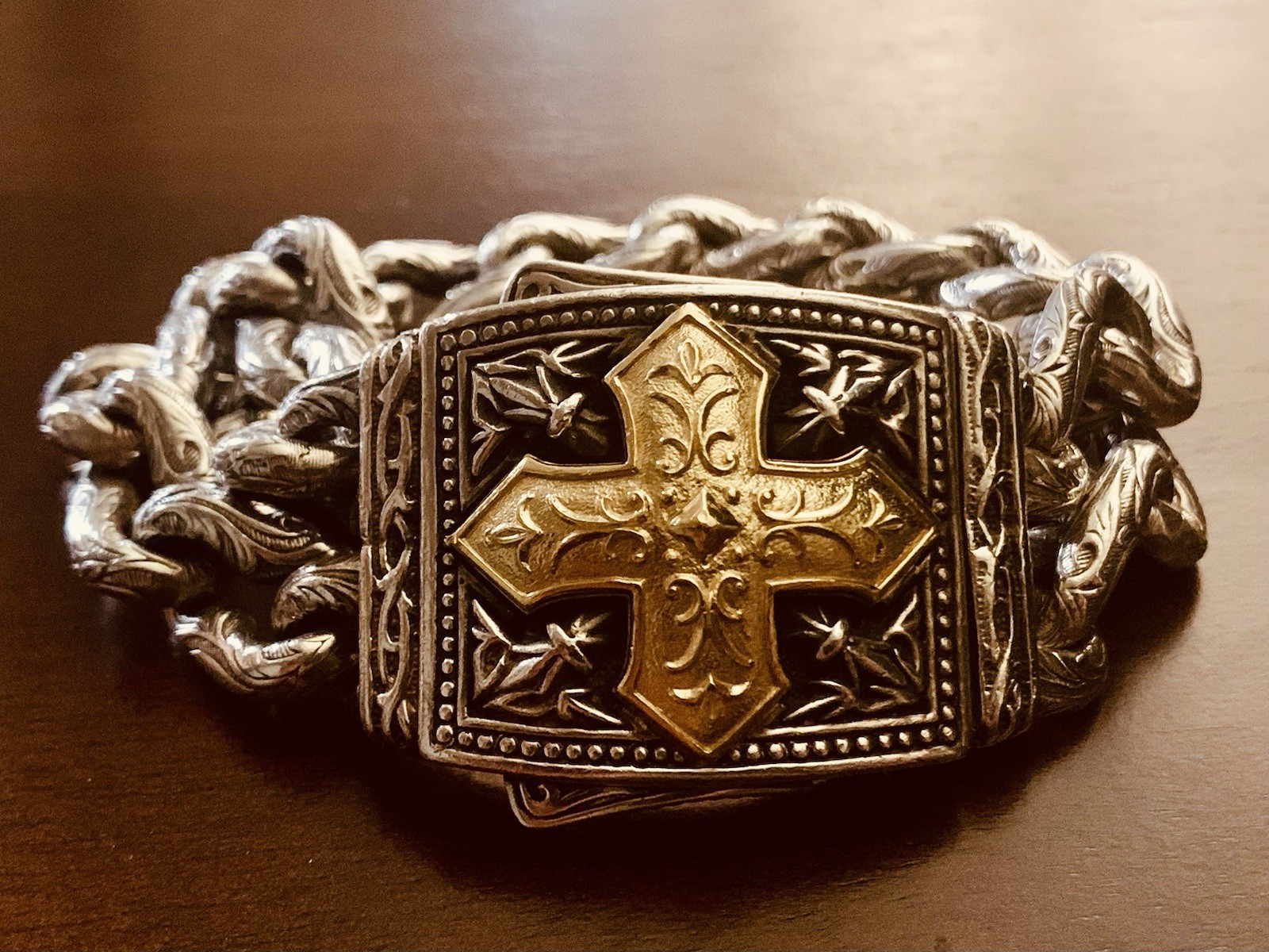 RARE Scott Kay UNKAGED 18K/Sterling Silver MASTERPIECE Gold Cross Bracelet 8”