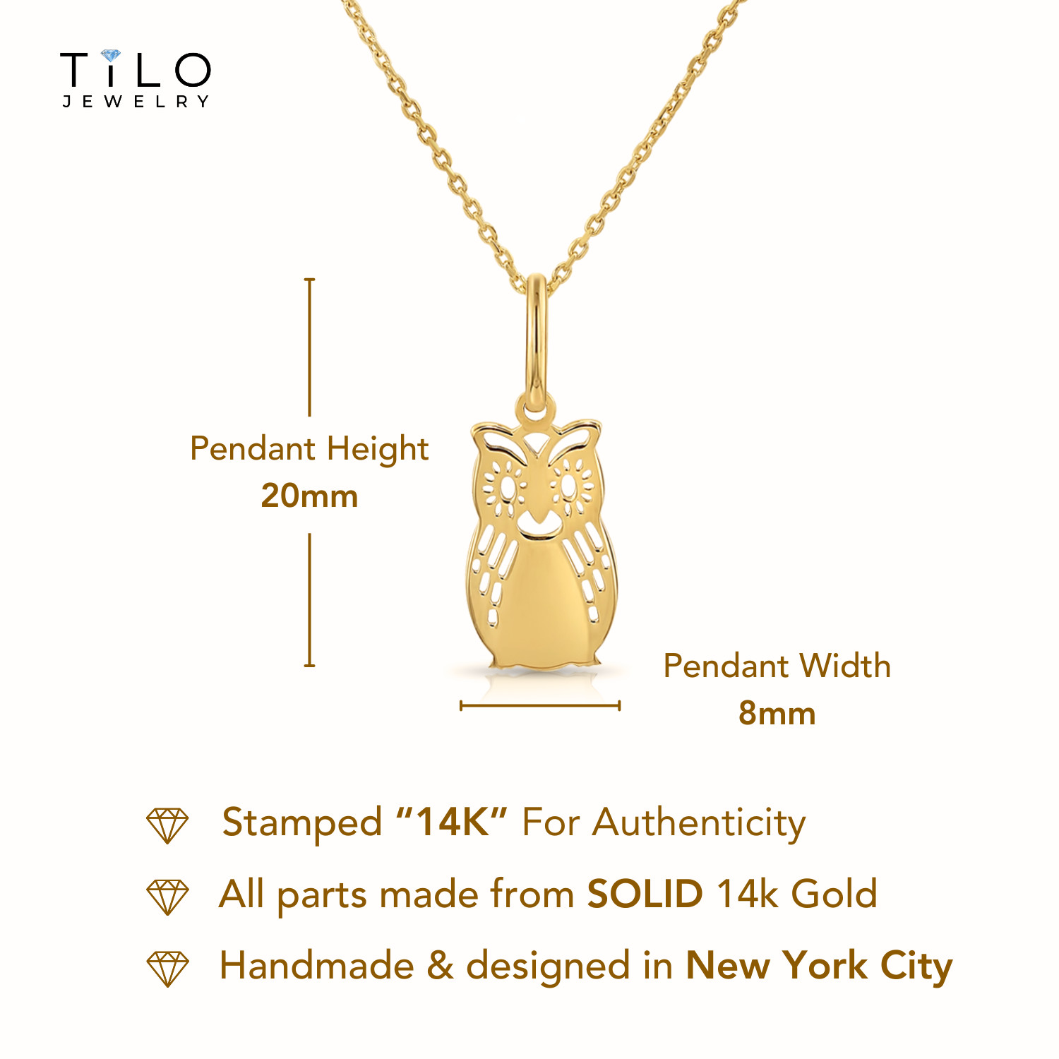 14K Real Solid Yellow Gold Dainty Owl Pendant Charm Necklace 18 in