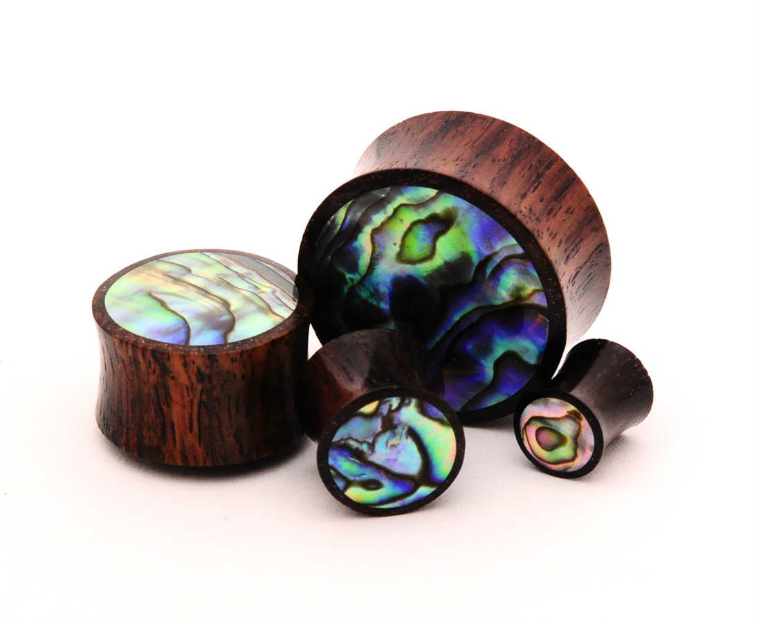 Sono Wood with Abalone Inlay Plugs set gauges PICK SIZE organic