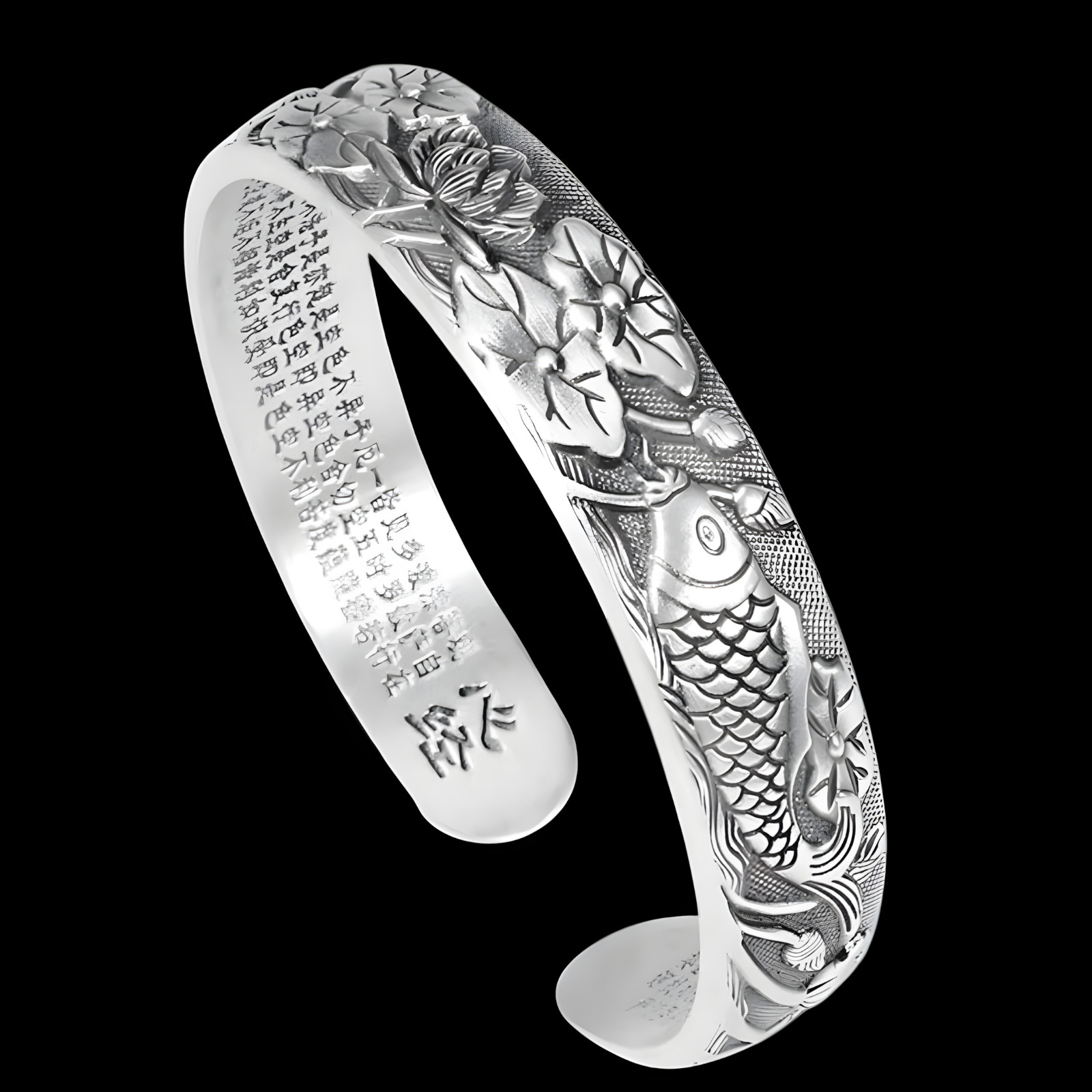 Vintage Lotus & Koi Fish Bracelet – Silver-Plated Zinc Alloy Cuff Bangle 1226
